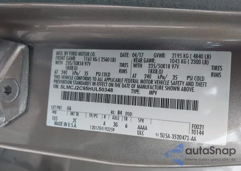 2017 Lincoln Mkc Select z USA, uszkodzony, nr VIN 5LMCJ2C95HUL50348